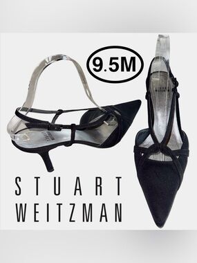 Stuart Weitzman Black Pointed Toe T-Strap Slingback 3.5” Heels Leather (9.5M)